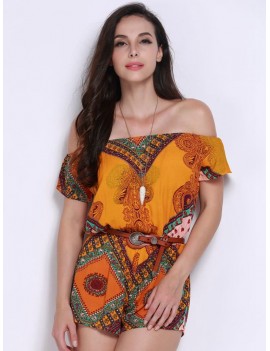 Women Casual Vintage Folk Off Shoulder Geo Print Short Sleeve Jumpsuit