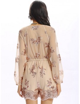 Women Sexy Sequins Bandage V-neck Long Sleeve Backless Jumpsuit