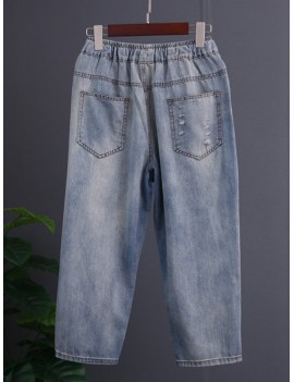 Vintage Embroidered Patch Elastic Waist Denim