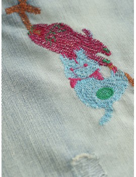 Vintage Embroidered Patch Elastic Waist Harem Denim