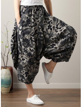 Ethnic Print Loose Irregular Elastic Waist Vintage Pants