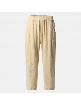 Mens Cotton Linen National Style Breathable Elastic Casual Straight Pants