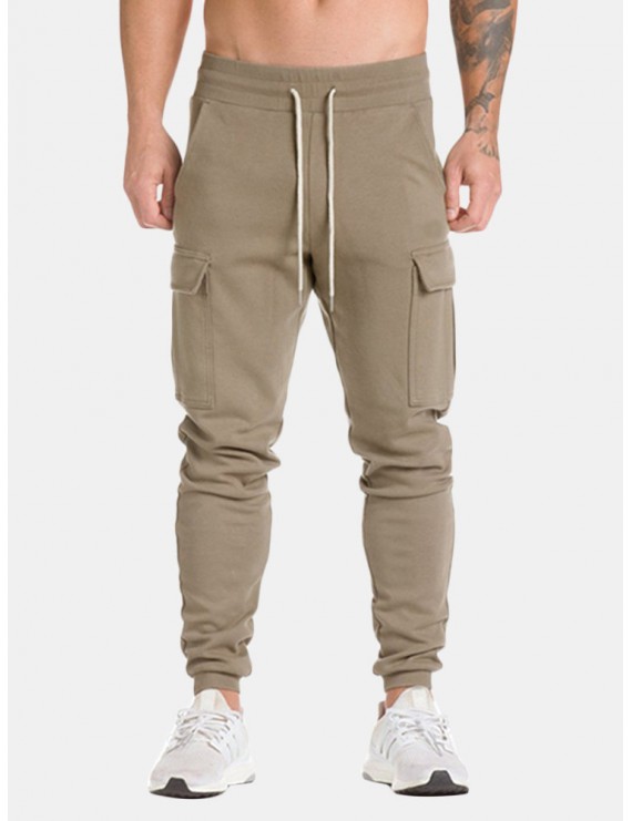 Mens Sport Pants Elastic Waist Drawstring Soild Color Casual Cotton Trousers