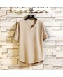 Mens Cotton Linen T-shirt Vintage V-neck Chinese Style Half-Sleeve Tops