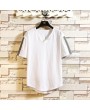 Mens Cotton Linen T-shirt Vintage V-neck Chinese Style Half-Sleeve Tops