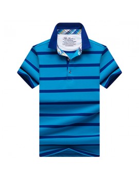 Mens Summer Casual Business Slim Fit Striped Cotton Turn-down Collar Golf Shirt